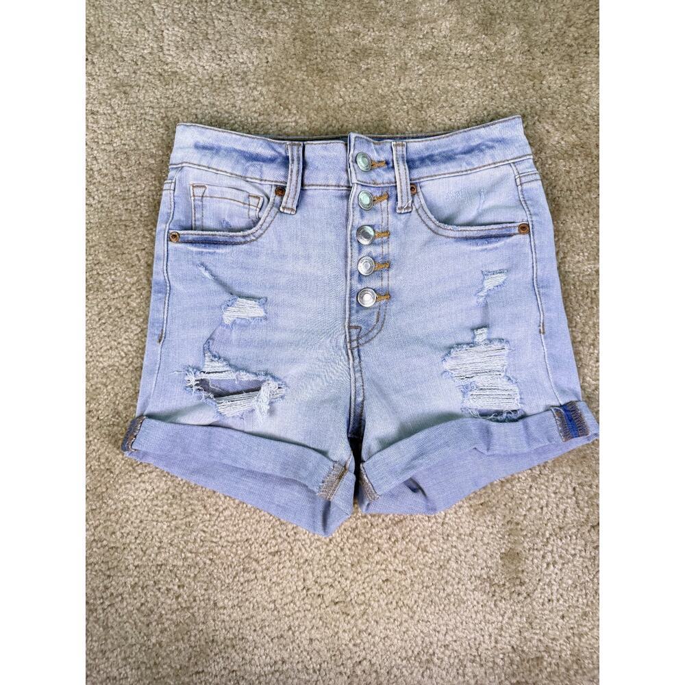 Aeropostale Super High Rise Midi Shorts Womens 0 Blue Denim Button Fly 24x3 D007